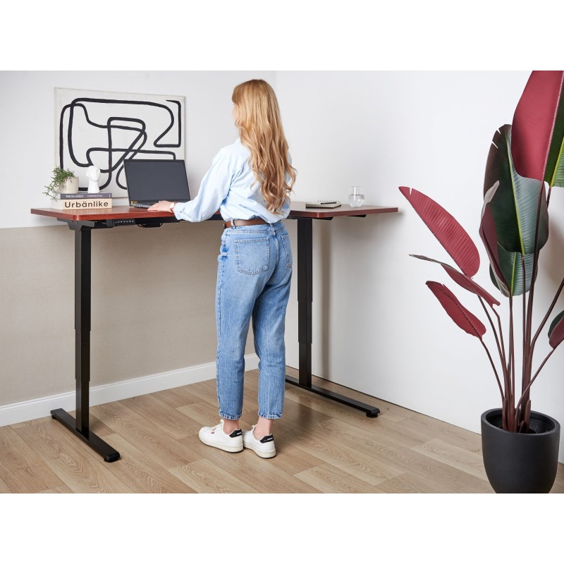 Biurko narożne prawe regulowane elektrycznie 160 x 59 cm ciemne drewno z czarnym DESTINES Biurko narożne prawe regulowane elektrycznie 160 x 59 cm ciemne drewno z czarnym DESTINES