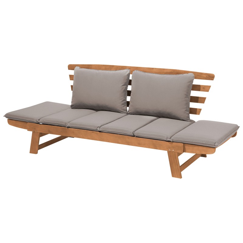 Ławka ogrodowa z poduchą PORTICI 210 cm Drewno eukaliptusowe Jasny brąz/ beżowoszary Ławka ogrodowa z poduchą PORTICI 210 cm Drewno eukaliptusowe Jasny brąz/ beżowoszary
