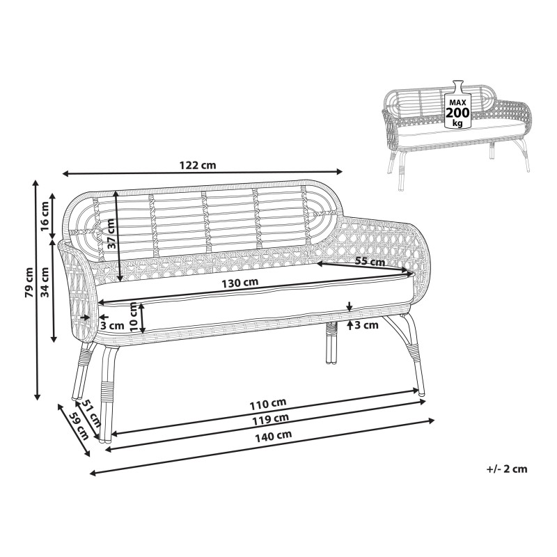 Ławka ogrodowa z poduchą PRATELLO 122 cm Technorattan Naturalny Ławka ogrodowa z poduchą PRATELLO 122 cm Technorattan Naturalny