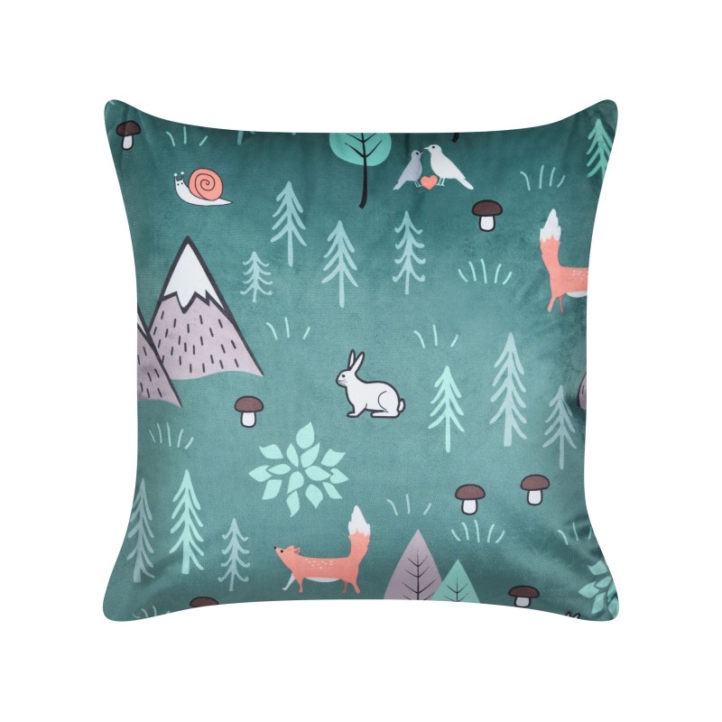 2 welurowe poduszki dekoracyjne dla dzieci z motywem lasu 45 x 45 cm miętowe FOOTHILL 2 welurowe poduszki dekoracyjne dla dzieci z motywem lasu 45 x 45 cm miętowe FOOTHILL