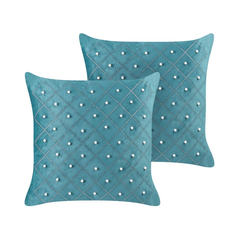 Zestaw 2 poduszek dekoracyjnych YARROW Welur 45 x 45 cm Lazurowy Wzór geometryczny Zestaw 2 poduszek dekoracyjnych YARROW Welur 45 x 45 cm Lazurowy Wzór geometryczny