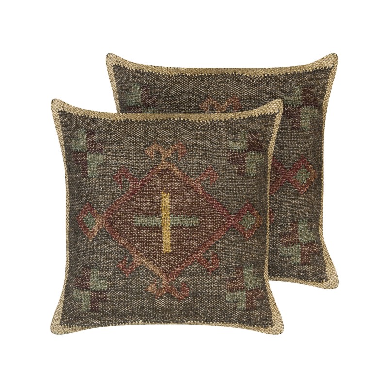 Zestaw 2 poduszek dekoracyjnych KATORA Juta 45 x 45 cm Zielony Wzór orientalny Zestaw 2 poduszek dekoracyjnych KATORA Juta 45 x 45 cm Zielony Wzór orientalny