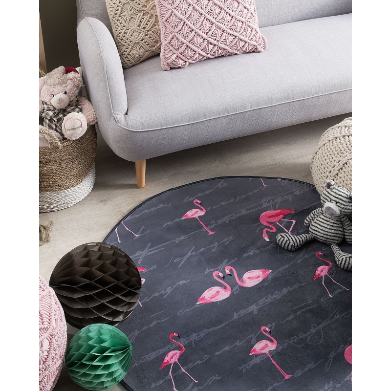 Dywan okrągły we flamingi ⌀ 120 cm szary KERTE Dywan okrągły we flamingi ⌀ 120 cm szary KERTE