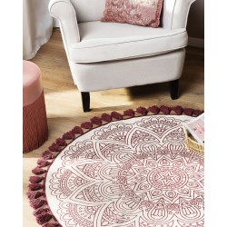 Dywan okrągły bawełniany orientalny nadruk ø 120 cm kremowo-czerwony AYAKLI Dywan okrągły bawełniany orientalny nadruk ø 120 cm kremowo-czerwony AYAKLI