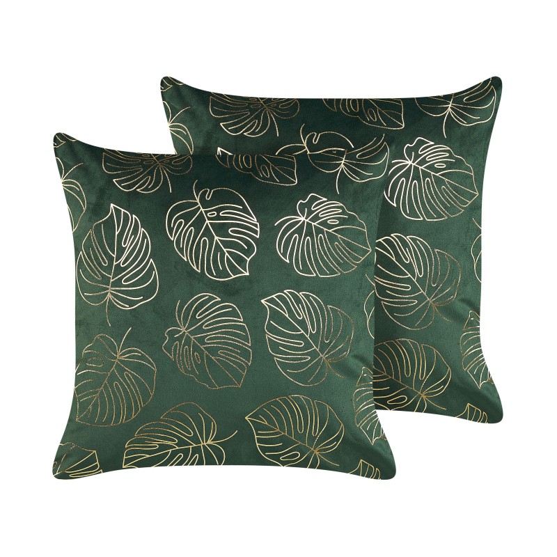 Zestaw 2 poduszek dekoracyjnych DELICIOSA Welur 45 x 45 cm Ciemnozielony Wzór roślinny Zestaw 2 poduszek dekoracyjnych DELICIOSA Welur 45 x 45 cm Ciemnozielony Wzór roślinny