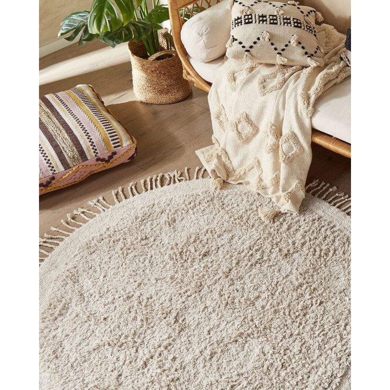Dywan shaggy okrągły bawełniany ⌀ 140 cm beżowy BITLIS Dywan shaggy okrągły bawełniany ⌀ 140 cm beżowy BITLIS