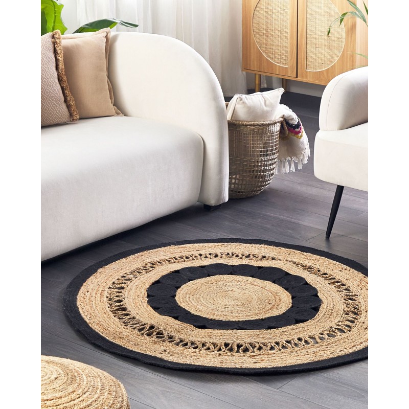 Dywan okrągły z juty ⌀ 120 cm beżowo-czarny YOZGAT Dywan okrągły z juty ⌀ 120 cm beżowo-czarny YOZGAT