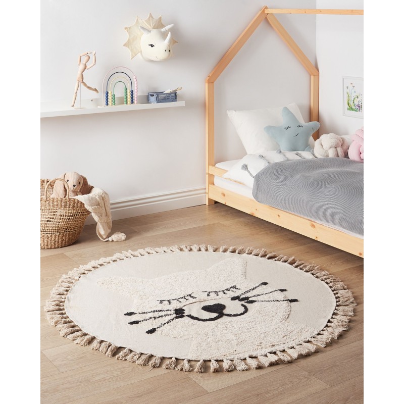 Dywan dziecięcy okrągły bawełniany motyw kota ø 120 cm beżowy ETSERI Dywan dziecięcy okrągły bawełniany motyw kota ø 120 cm beżowy ETSERI