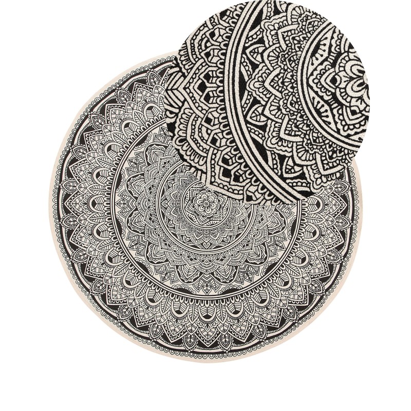 Dywan okrągły bawełniany orientalny nadruk ø 120 cm czarno-kremowy HIZAN Dywan okrągły bawełniany orientalny nadruk ø 120 cm czarno-kremowy HIZAN