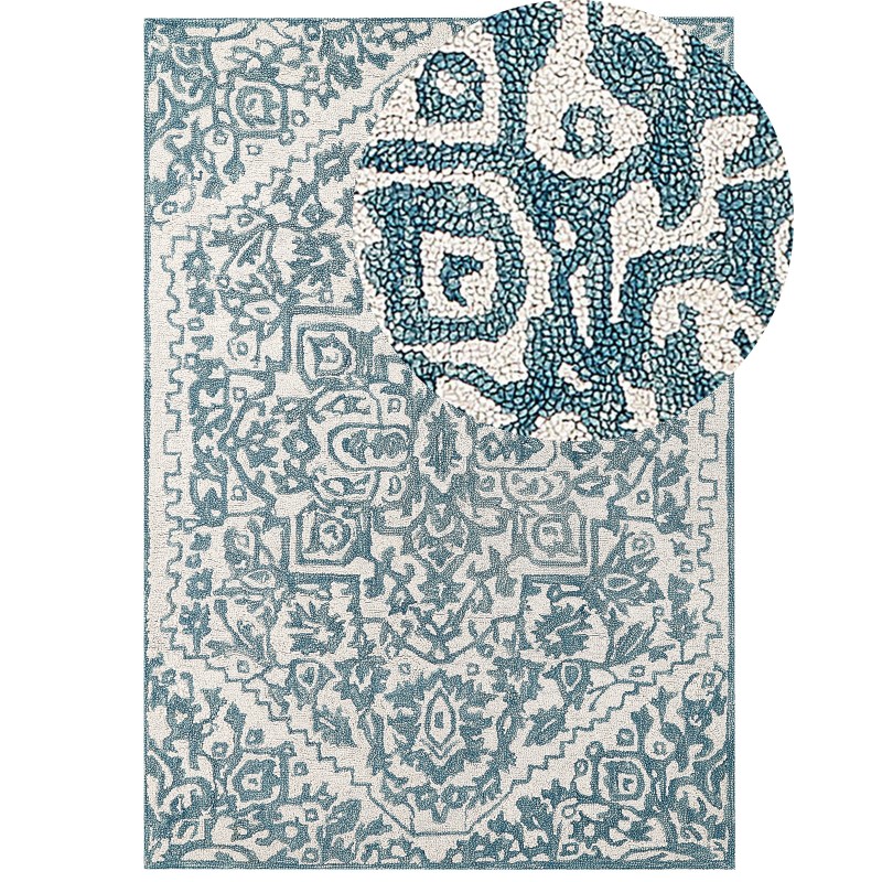 Dywan wełniany 160 x 230 cm biało-niebieski AHMETLI Dywan wełniany 160 x 230 cm biało-niebieski AHMETLI