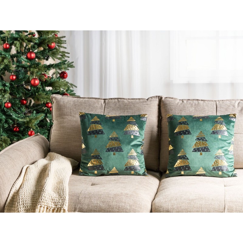 Zestaw 2 poduszek dekoracyjnych GOLDSPRUCE Welur 45 x 45 cm Zielony Wzór świąteczny Zestaw 2 poduszek dekoracyjnych GOLDSPRUCE Welur 45 x 45 cm Zielony Wzór świąteczny