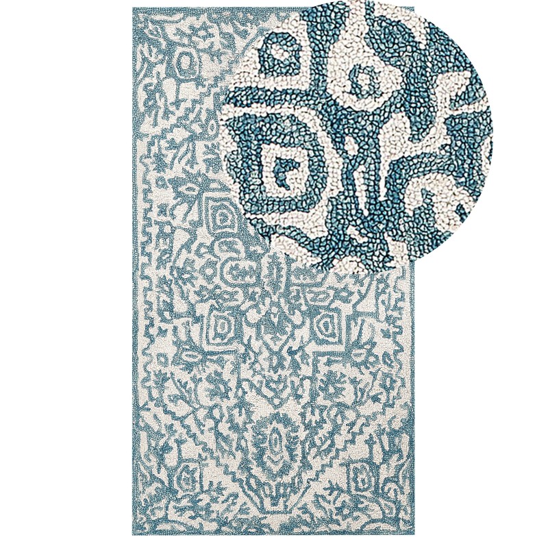 Dywan wełniany 80 x 150 cm biało-niebieski AHMETLI Dywan wełniany 80 x 150 cm biało-niebieski AHMETLI
