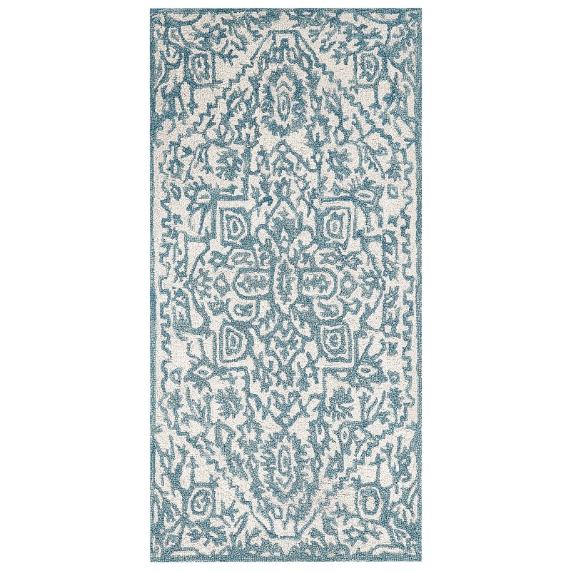 Dywan wełniany 80 x 150 cm biało-niebieski AHMETLI Dywan wełniany 80 x 150 cm biało-niebieski AHMETLI