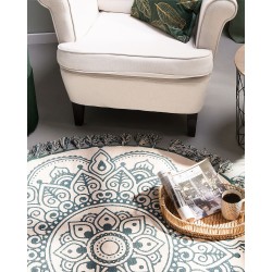 Dywan okrągły bawełniany ø 120 cm orientalny nadruk kremowo-zielony IRICE Dywan okrągły bawełniany ø 120 cm orientalny nadruk kremowo-zielony IRICE