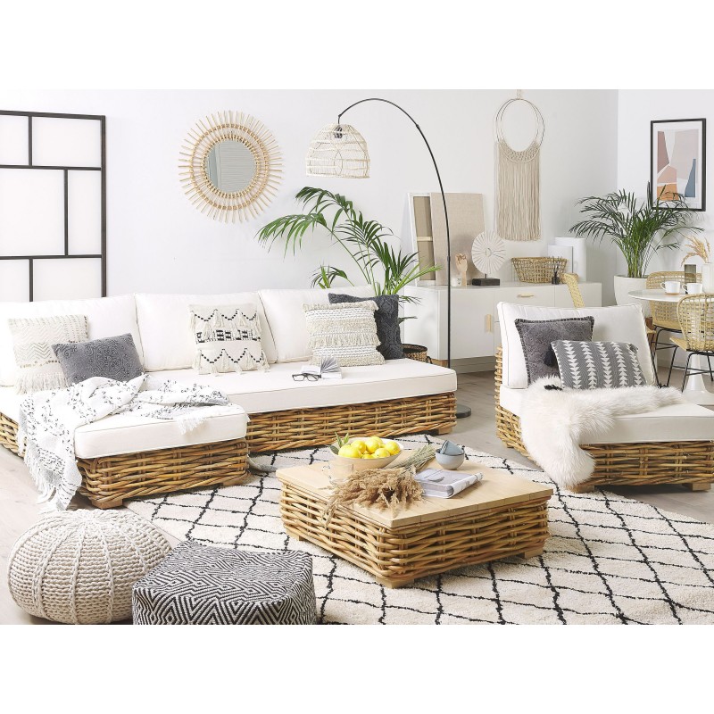 Zestaw ogrodowy ze stolikiem dla 4 osób VARALLO Prawostronny Modułowy Rattan Naturalny Zestaw ogrodowy ze stolikiem dla 4 osób VARALLO Prawostronny Modułowy Rattan Naturalny