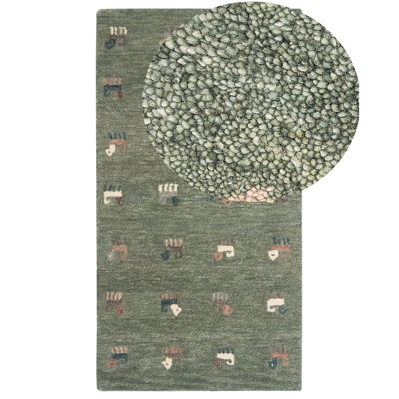 Dywan wełniany gabbeh ze wzorem w zwierzęta 80 x 150 cm zielony KIZARLI Dywan wełniany gabbeh ze wzorem w zwierzęta 80 x 150 cm zielony KIZARLI