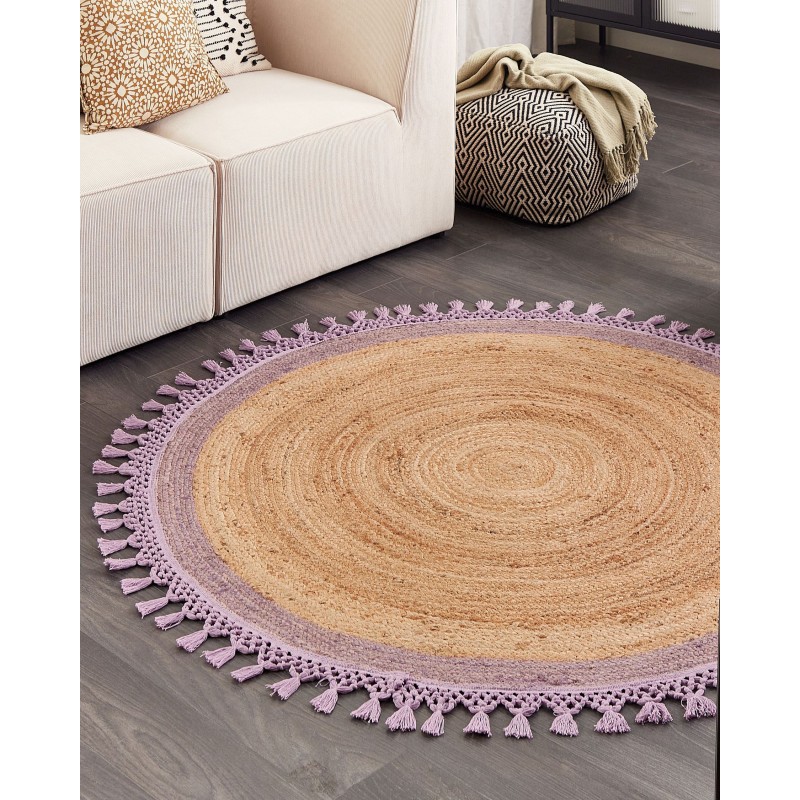 Dywan okrągły z juty ⌀ 140 cm beżowy z purpurowym MARTS Dywan okrągły z juty ⌀ 140 cm beżowy z purpurowym MARTS