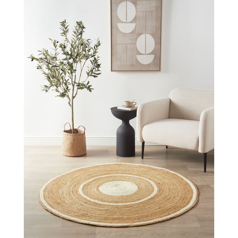 Dywan okrągły z juty ⌀ 140 cm beżowo-biały HALFELI Dywan okrągły z juty ⌀ 140 cm beżowo-biały HALFELI