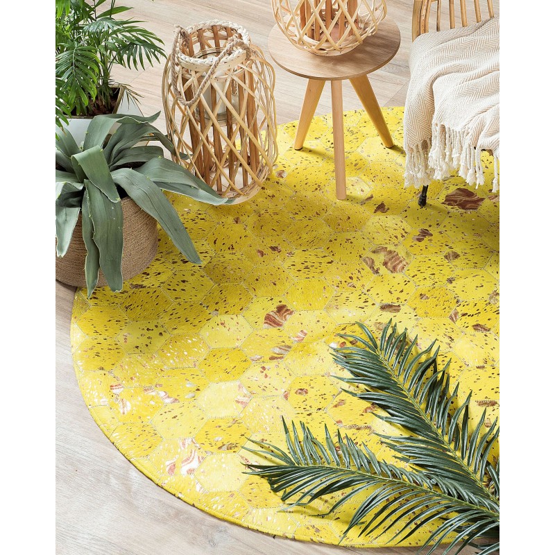 Dywan patchwork okrągły skórzany ⌀ 140 cm żółty ZEYTIN Dywan patchwork okrągły skórzany ⌀ 140 cm żółty ZEYTIN