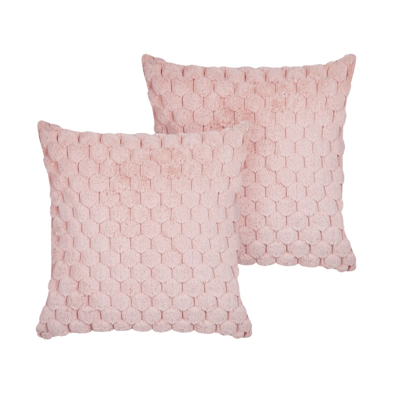 Zestaw 2 poduszek dekoracyjnych PURSLANE Sztuczne futro 43 x 43 cm Pastelowy róż Wzór geometryczny Zestaw 2 poduszek dekoracyjnych PURSLANE Sztuczne futro 43 x 43 cm Pastelowy róż Wzór geometryczny