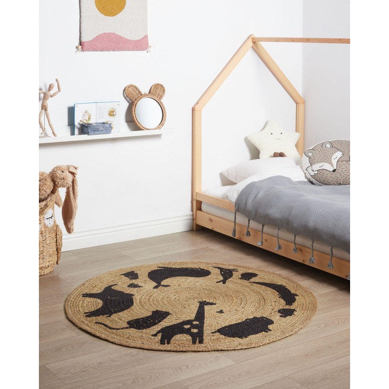 Dywan dziecięcy okrągły z juty motyw zwierząt ⌀ 120 cm beżowy EARTH Dywan dziecięcy okrągły z juty motyw zwierząt ⌀ 120 cm beżowy EARTH
