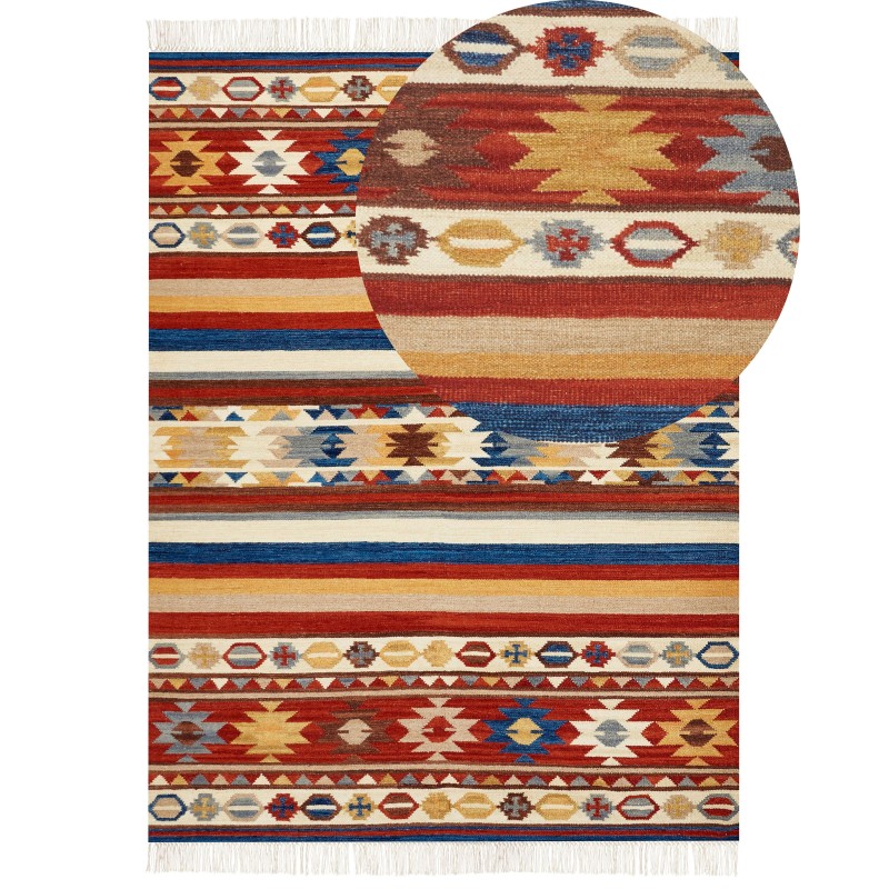 Dywan wełniany kilim 160 x 230 cm wielokolorowy JRARAT Dywan wełniany kilim 160 x 230 cm wielokolorowy JRARAT