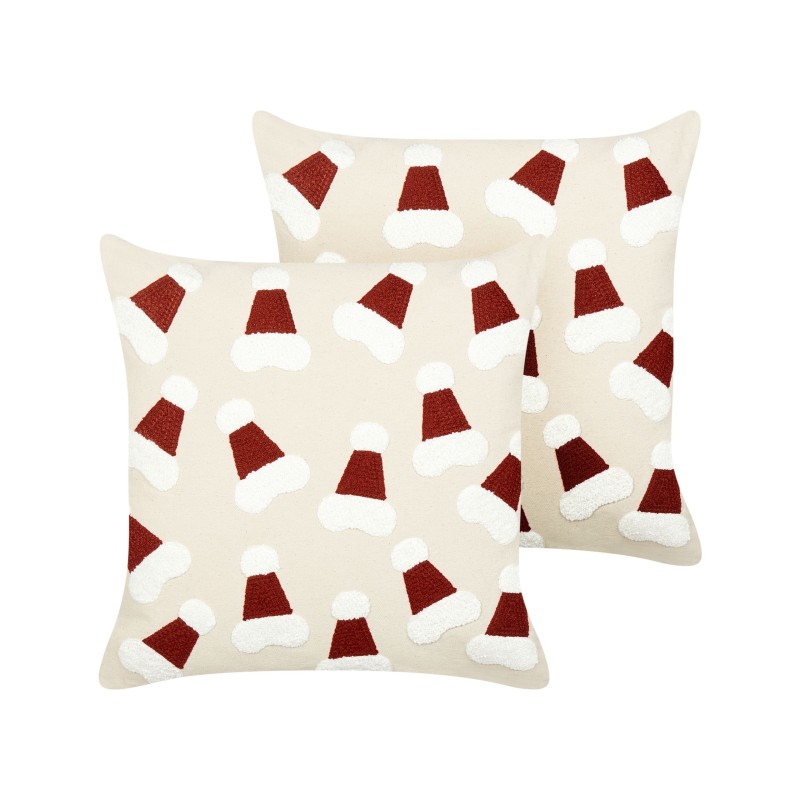 Zestaw 2 poduszek dekoracyjnych SUGARPLUM Bawełna 45 x 45 cm Jasnobeżowy Wzór świąteczny Zestaw 2 poduszek dekoracyjnych SUGARPLUM Bawełna 45 x 45 cm Jasnobeżowy Wzór świąteczny