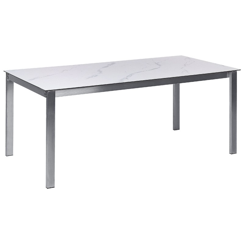 Stół ogrodowy COSOLETO 180 cm 90 cm Efekt marmuru Szkło Biały Stół ogrodowy COSOLETO 180 cm 90 cm Efekt marmuru Szkło Biały