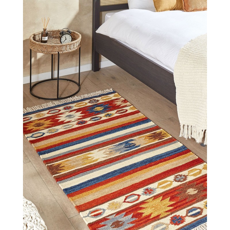 Dywan wełniany kilim 80 x 150 cm wielokolorowy JRARAT Dywan wełniany kilim 80 x 150 cm wielokolorowy JRARAT