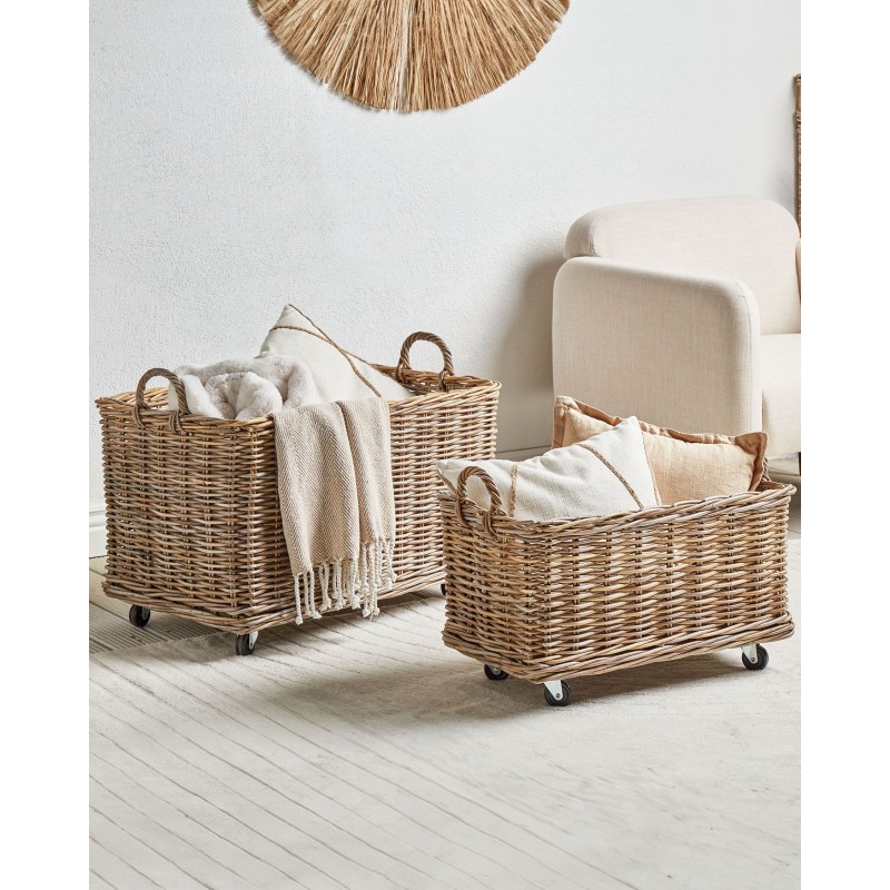 Zestaw 2 koszy KITIM Z kółkami Rattan Naturalny Zestaw 2 koszy KITIM Z kółkami Rattan Naturalny