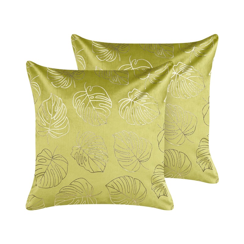Zestaw 2 poduszek dekoracyjnych DELICIOSA Welur 45 x 45 cm Jasnozielony Wzór roślinny Zestaw 2 poduszek dekoracyjnych DELICIOSA Welur 45 x 45 cm Jasnozielony Wzór roślinny
