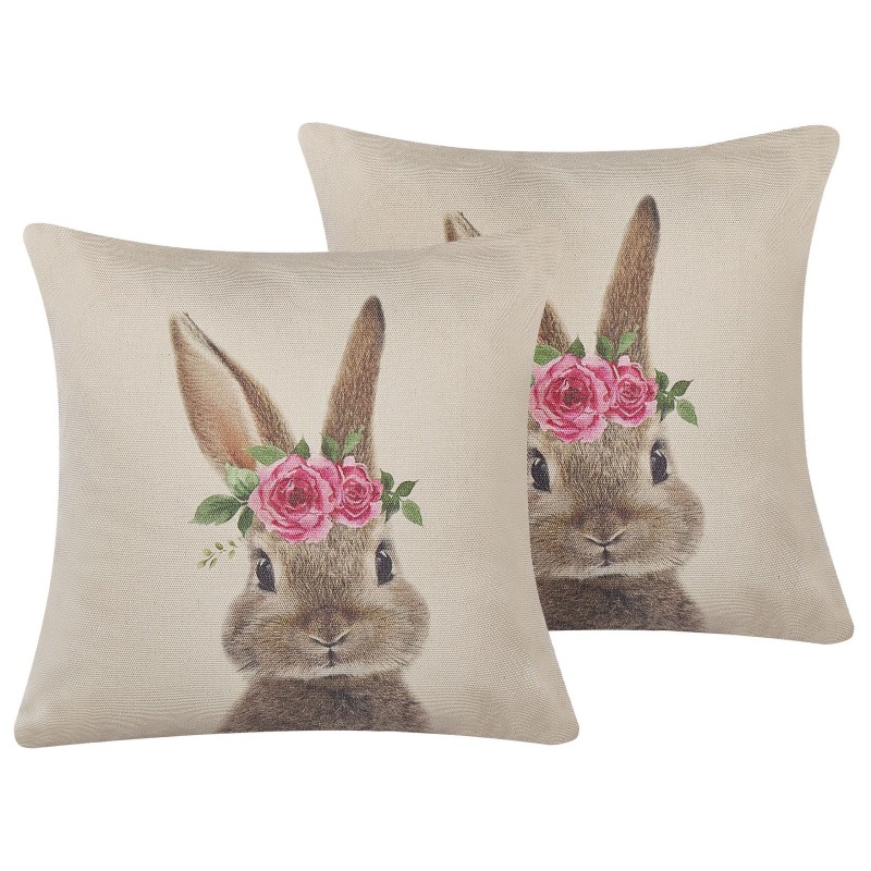 2 poduszki dekoracyjne z motywem królika 45 x 45 cm szarobeżowe TULIPA 2 poduszki dekoracyjne z motywem królika 45 x 45 cm szarobeżowe TULIPA