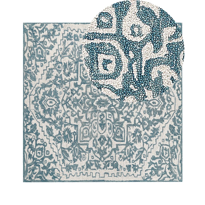 Dywan wełniany 200 x 200 cm biało-niebieski AHMETLI Dywan wełniany 200 x 200 cm biało-niebieski AHMETLI