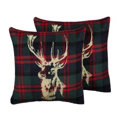 Zestaw 2 poduszek dekoracyjnych RUDOLPH 45 x 45 cm Czerwony Zielony Złoty Niebieski Czarny Wzór świąteczny Zestaw 2 poduszek dekoracyjnych RUDOLPH 45 x 45 cm Czerwony Zielony Złoty Niebieski Czarny Wzór świąteczny