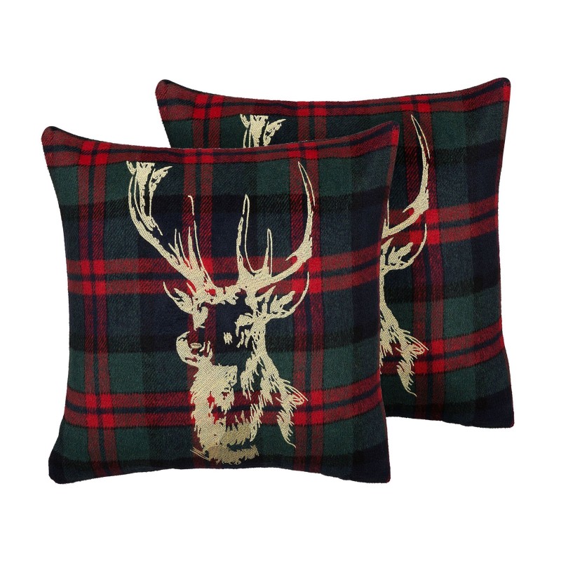 Zestaw 2 poduszek dekoracyjnych RUDOLPH 45 x 45 cm Czerwony Zielony Złoty Niebieski Czarny Wzór świąteczny Zestaw 2 poduszek dekoracyjnych RUDOLPH 45 x 45 cm Czerwony Zielony Złoty Niebieski Czarny Wzór świąteczny