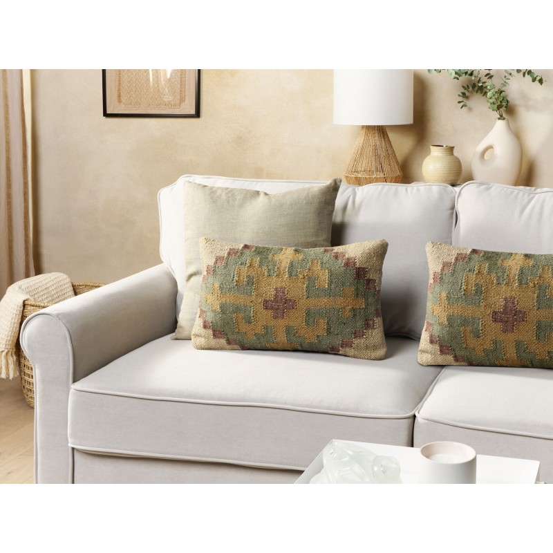 Zestaw 2 poduszek dekoracyjnych SARON Juta 30 x 50 cm Zielony Wzór orientalny Zestaw 2 poduszek dekoracyjnych SARON Juta 30 x 50 cm Zielony Wzór orientalny