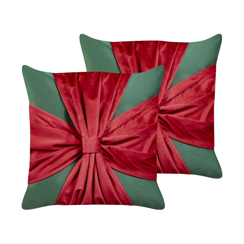 Zestaw 2 poduszek dekoracyjnych MARSHMALLOW Welur 45 x 45 cm Czerwony Zielony Wzór świąteczny Zestaw 2 poduszek dekoracyjnych MARSHMALLOW Welur 45 x 45 cm Czerwony Zielony Wzór świąteczny
